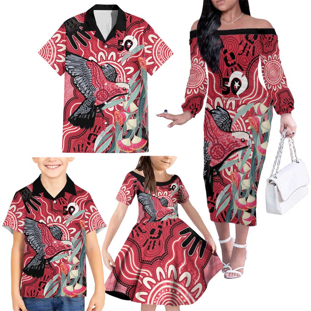 Personalised Australia Galah NAIDOC Week 2026 Family Matching Off The Shoulder Long Sleeve Dress and Hawaiian Shirt 50 Years of Deadly Aboriginal Art