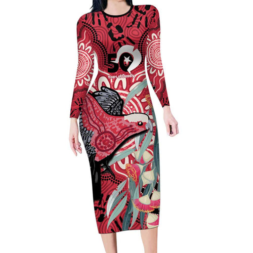 Personalised Australia Galah NAIDOC Week 2026 Long Sleeve Bodycon Dress 50 Years of Deadly Aboriginal Art