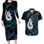 Hei Matau New Zealand Matariki Couples Matching Long Sleeve Bodycon Dress and Hawaiian Shirt NZ Fish Hook Maori Art