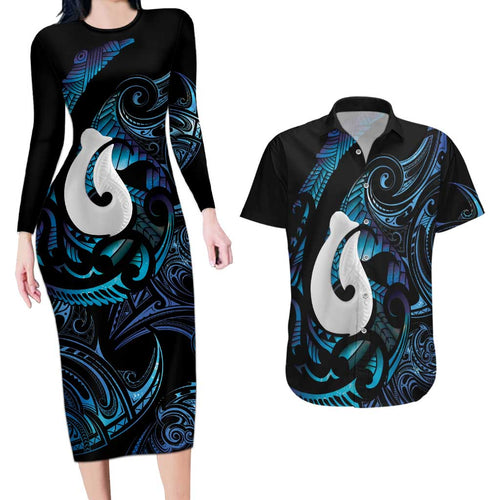 Hei Matau New Zealand Matariki Couples Matching Long Sleeve Bodycon Dress and Hawaiian Shirt NZ Fish Hook Maori Art