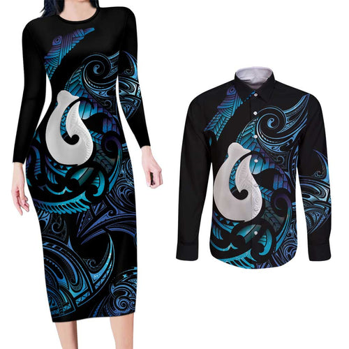 Hei Matau New Zealand Matariki Couples Matching Long Sleeve Bodycon Dress and Long Sleeve Button Shirt NZ Fish Hook Maori Art