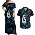 Hei Matau New Zealand Matariki Couples Matching Off Shoulder Maxi Dress and Hawaiian Shirt NZ Fish Hook Maori Art
