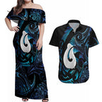 Hei Matau New Zealand Matariki Couples Matching Off Shoulder Maxi Dress and Hawaiian Shirt NZ Fish Hook Maori Art