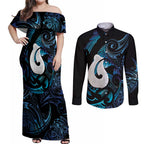Hei Matau New Zealand Matariki Couples Matching Off Shoulder Maxi Dress and Long Sleeve Button Shirt NZ Fish Hook Maori Art