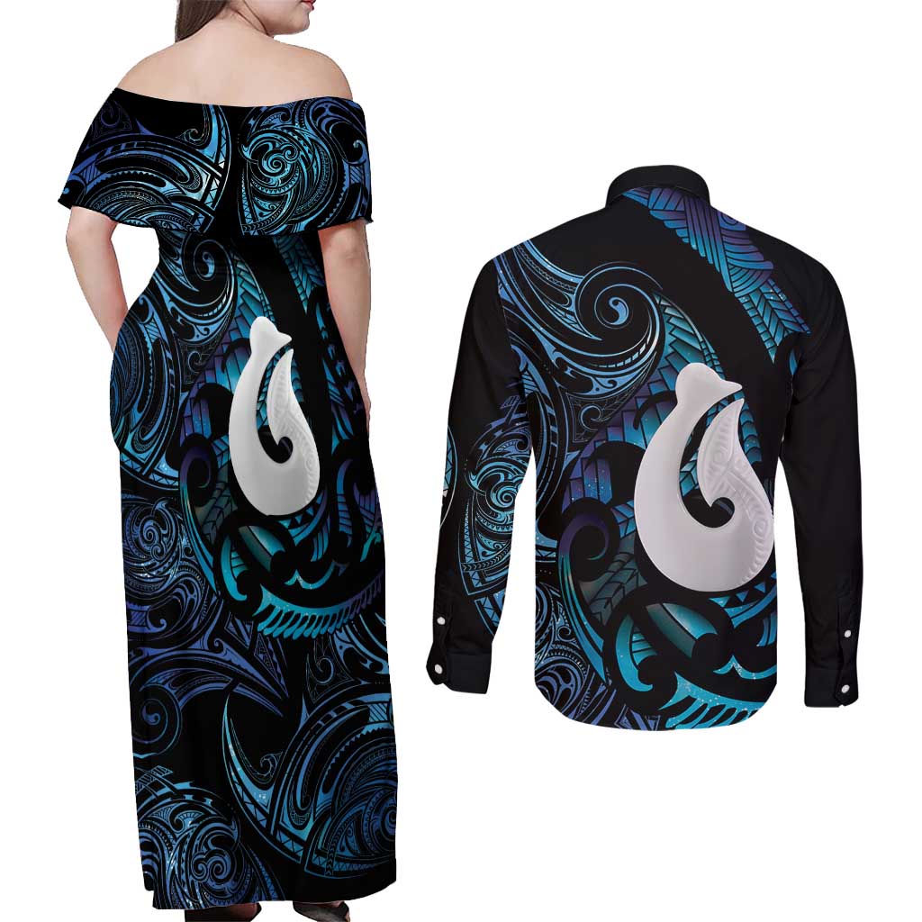 Hei Matau New Zealand Matariki Couples Matching Off Shoulder Maxi Dress and Long Sleeve Button Shirt NZ Fish Hook Maori Art