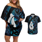 Hei Matau New Zealand Matariki Couples Matching Off Shoulder Short Dress and Hawaiian Shirt NZ Fish Hook Maori Art
