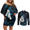 Hei Matau New Zealand Matariki Couples Matching Off Shoulder Short Dress and Long Sleeve Button Shirt NZ Fish Hook Maori Art