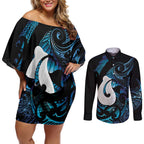 Hei Matau New Zealand Matariki Couples Matching Off Shoulder Short Dress and Long Sleeve Button Shirt NZ Fish Hook Maori Art