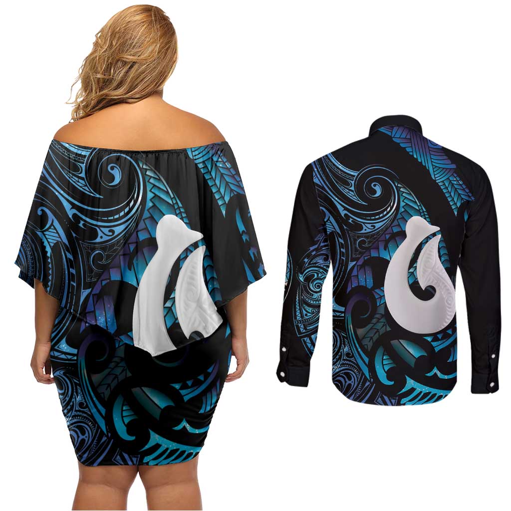Hei Matau New Zealand Matariki Couples Matching Off Shoulder Short Dress and Long Sleeve Button Shirt NZ Fish Hook Maori Art