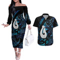Hei Matau New Zealand Matariki Couples Matching Off The Shoulder Long Sleeve Dress and Hawaiian Shirt NZ Fish Hook Maori Art