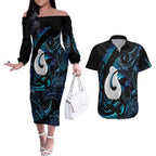 Hei Matau New Zealand Matariki Couples Matching Off The Shoulder Long Sleeve Dress and Hawaiian Shirt NZ Fish Hook Maori Art