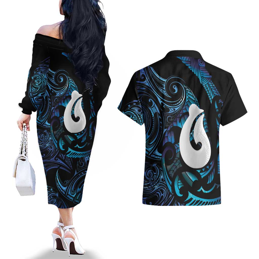Hei Matau New Zealand Matariki Couples Matching Off The Shoulder Long Sleeve Dress and Hawaiian Shirt NZ Fish Hook Maori Art