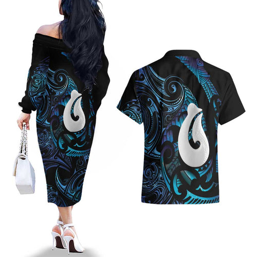 Hei Matau New Zealand Matariki Couples Matching Off The Shoulder Long Sleeve Dress and Hawaiian Shirt NZ Fish Hook Maori Art