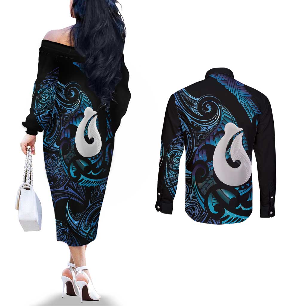 Hei Matau New Zealand Matariki Couples Matching Off The Shoulder Long Sleeve Dress and Long Sleeve Button Shirt NZ Fish Hook Maori Art