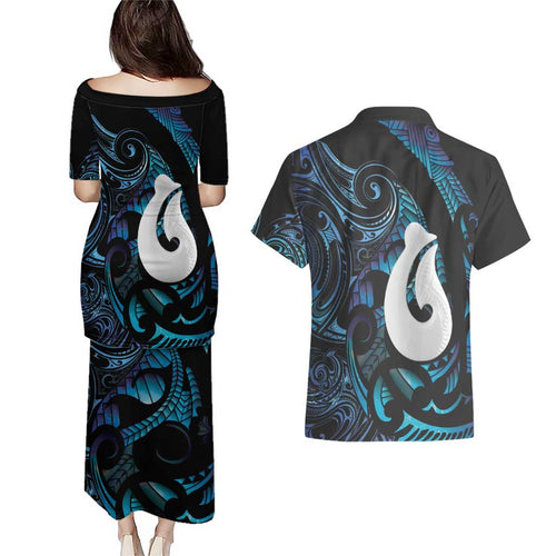 Hei Matau New Zealand Matariki Couples Matching Puletasi and Hawaiian Shirt NZ Fish Hook Maori Art
