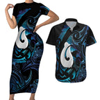 Hei Matau New Zealand Matariki Couples Matching Short Sleeve Bodycon Dress and Hawaiian Shirt NZ Fish Hook Maori Art