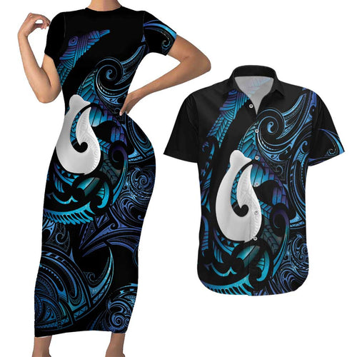 Hei Matau New Zealand Matariki Couples Matching Short Sleeve Bodycon Dress and Hawaiian Shirt NZ Fish Hook Maori Art