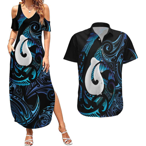 Hei Matau New Zealand Matariki Couples Matching Summer Maxi Dress and Hawaiian Shirt NZ Fish Hook Maori Art