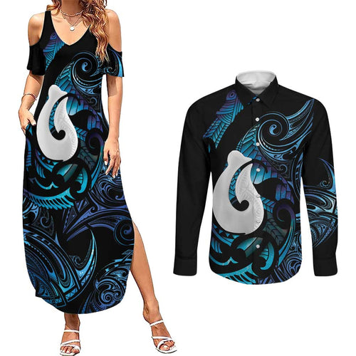 Hei Matau New Zealand Matariki Couples Matching Summer Maxi Dress and Long Sleeve Button Shirt NZ Fish Hook Maori Art