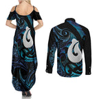 Hei Matau New Zealand Matariki Couples Matching Summer Maxi Dress and Long Sleeve Button Shirt NZ Fish Hook Maori Art