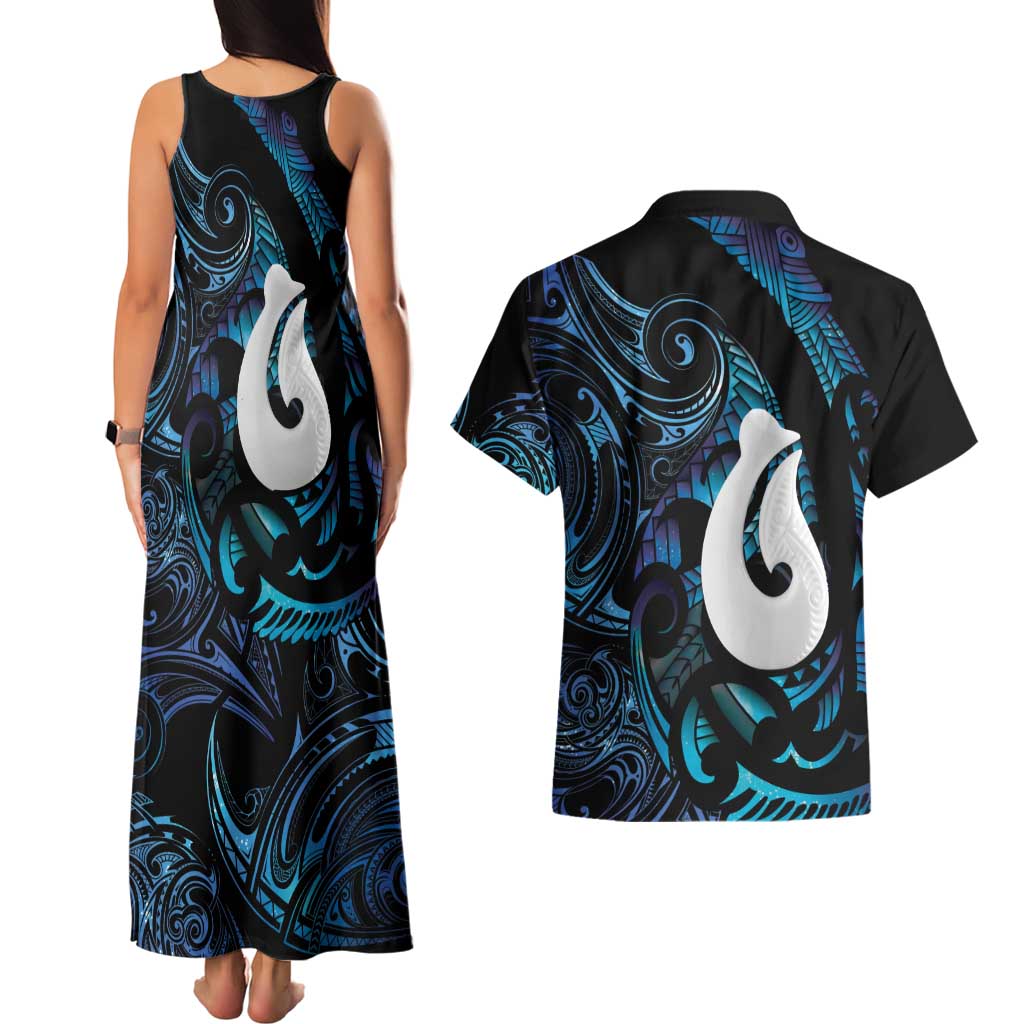 Hei Matau New Zealand Matariki Couples Matching Tank Maxi Dress and Hawaiian Shirt NZ Fish Hook Maori Art