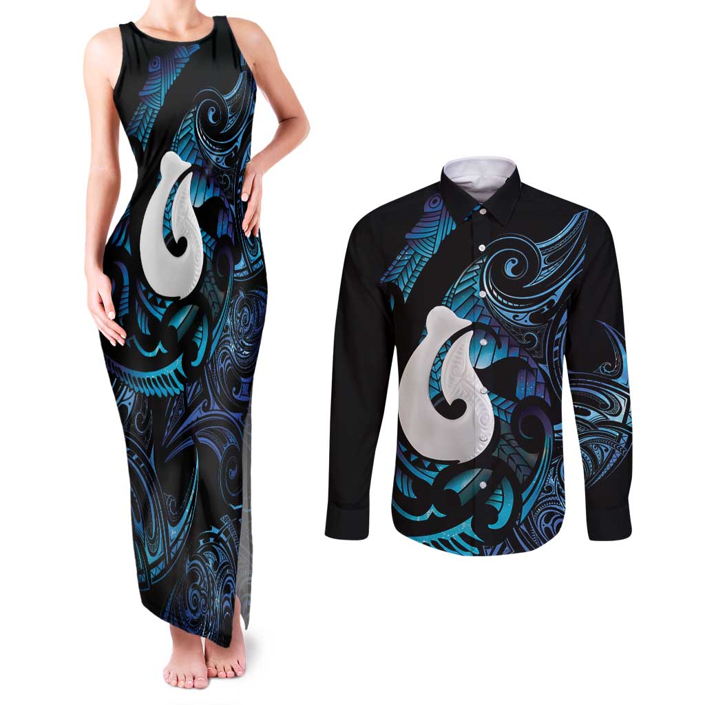 Hei Matau New Zealand Matariki Couples Matching Tank Maxi Dress and Long Sleeve Button Shirt NZ Fish Hook Maori Art