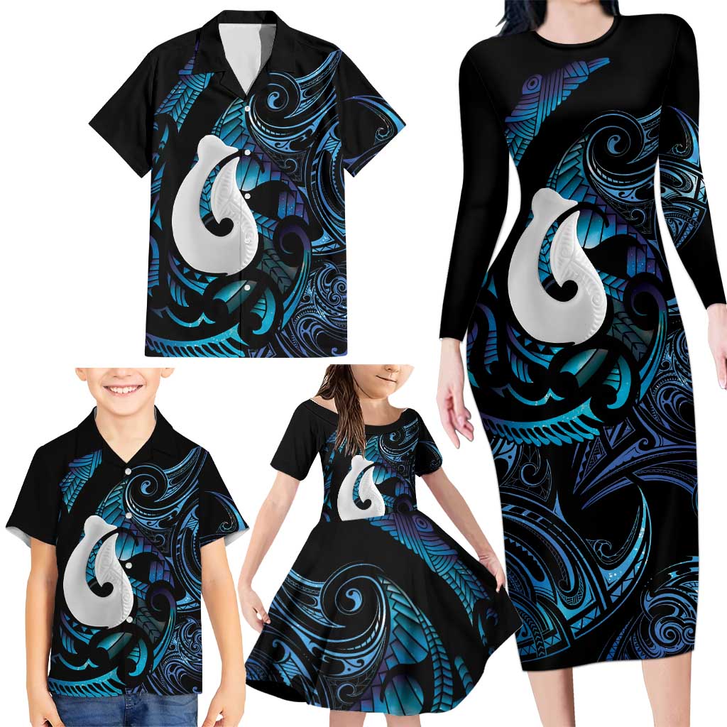 Hei Matau New Zealand Matariki Family Matching Long Sleeve Bodycon Dress and Hawaiian Shirt NZ Fish Hook Maori Art