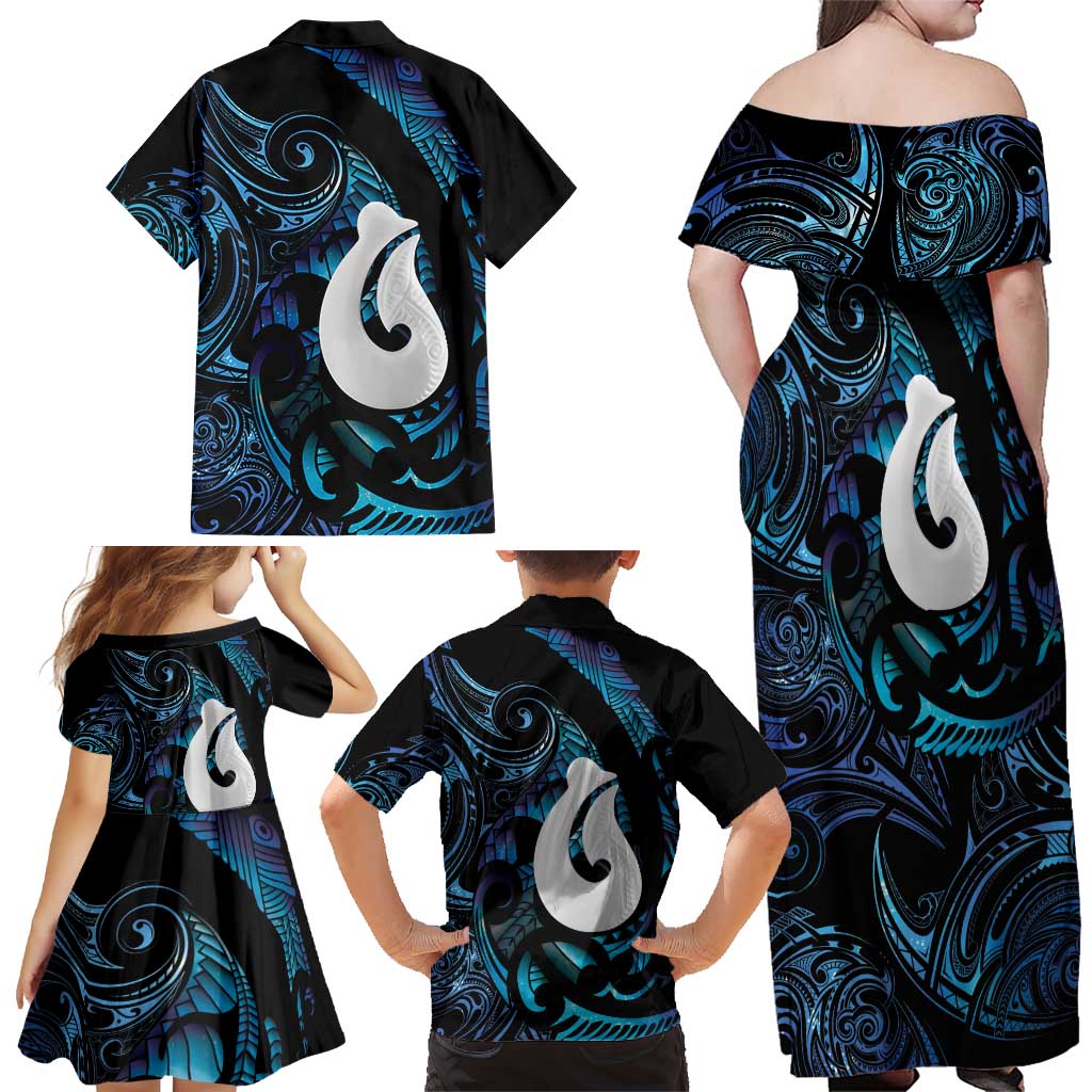 Hei Matau New Zealand Matariki Family Matching Off Shoulder Maxi Dress and Hawaiian Shirt NZ Fish Hook Maori Art