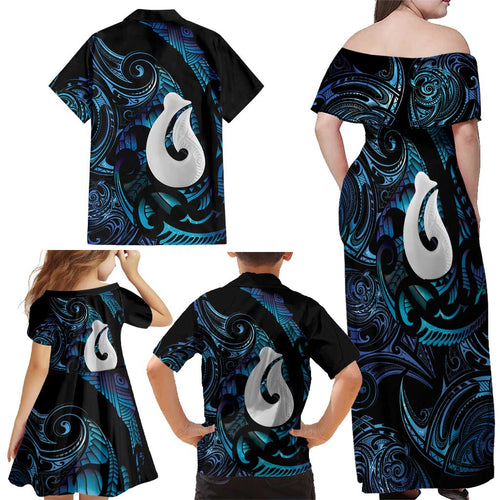 Hei Matau New Zealand Matariki Family Matching Off Shoulder Maxi Dress and Hawaiian Shirt NZ Fish Hook Maori Art