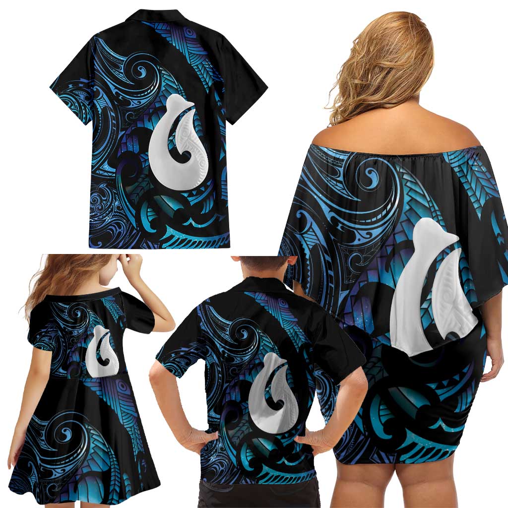 Hei Matau New Zealand Matariki Family Matching Off Shoulder Short Dress and Hawaiian Shirt NZ Fish Hook Maori Art