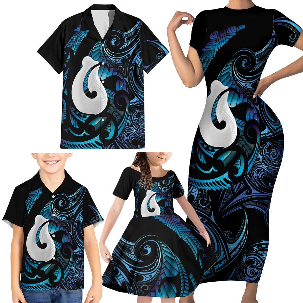 Hei Matau New Zealand Matariki Family Matching Short Sleeve Bodycon Dress and Hawaiian Shirt NZ Fish Hook Maori Art