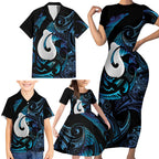 Hei Matau New Zealand Matariki Family Matching Short Sleeve Bodycon Dress and Hawaiian Shirt NZ Fish Hook Maori Art