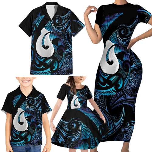 Hei Matau New Zealand Matariki Family Matching Short Sleeve Bodycon Dress and Hawaiian Shirt NZ Fish Hook Maori Art