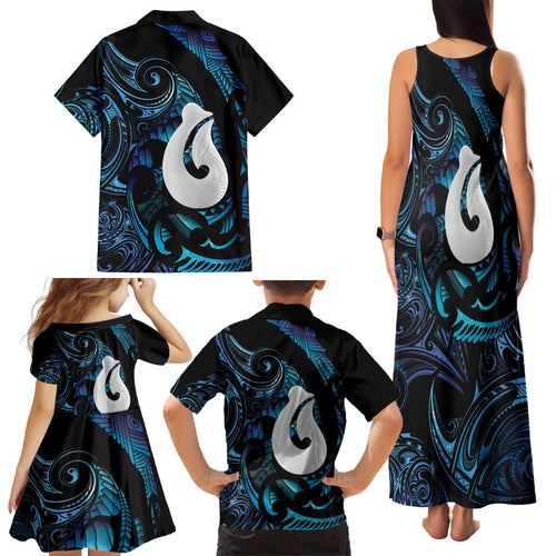 Hei Matau New Zealand Matariki Family Matching Tank Maxi Dress and Hawaiian Shirt NZ Fish Hook Maori Art