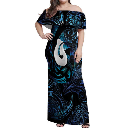Hei Matau New Zealand Matariki Off Shoulder Maxi Dress NZ Fish Hook Maori Art