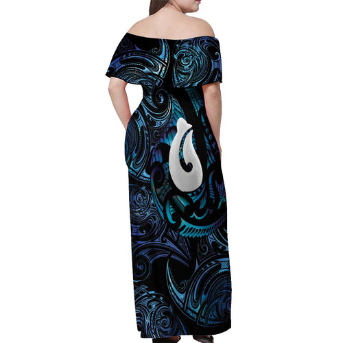 Hei Matau New Zealand Matariki Off Shoulder Maxi Dress NZ Fish Hook Maori Art