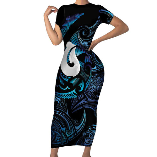 Hei Matau New Zealand Matariki Short Sleeve Bodycon Dress NZ Fish Hook Maori Art