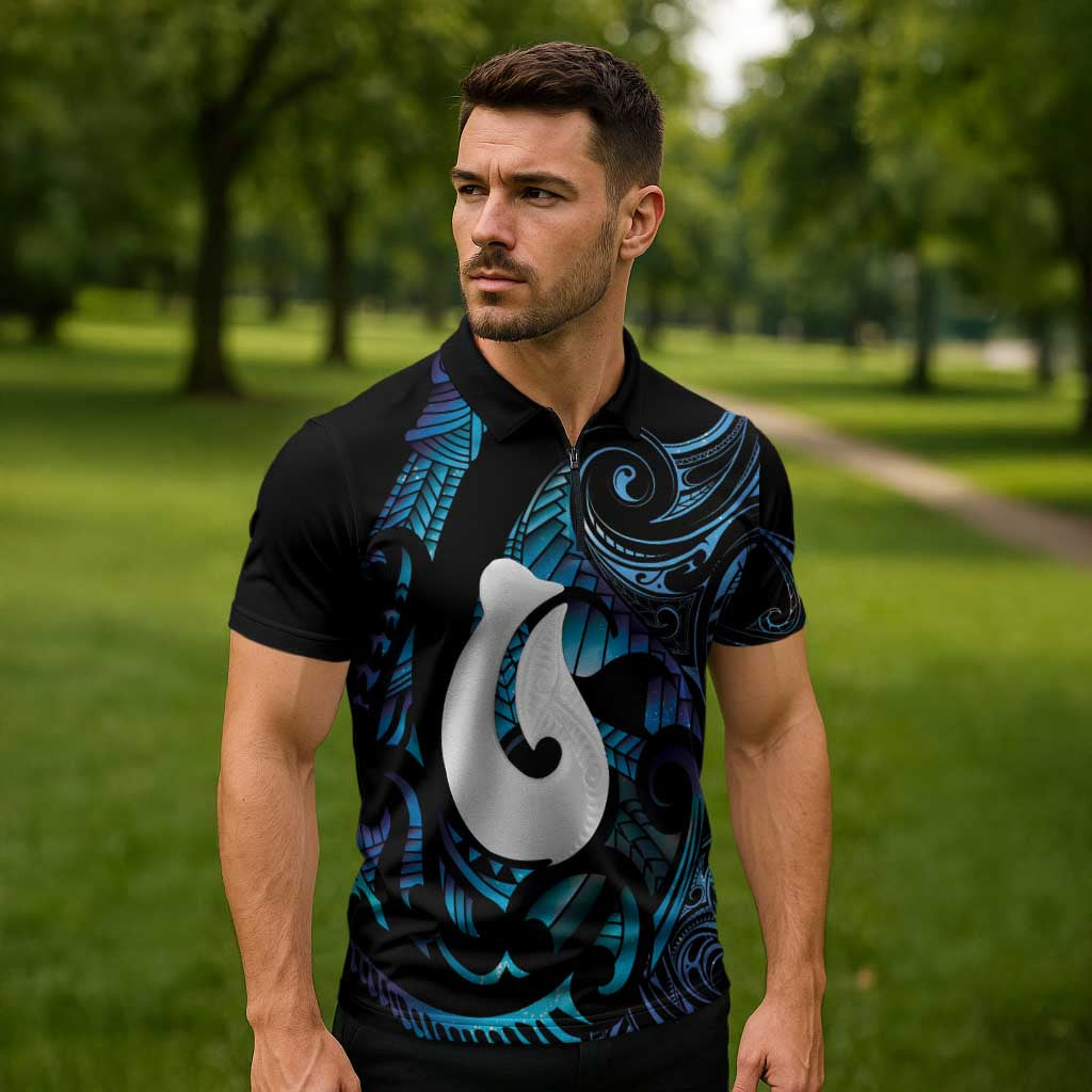 Hei Matau New Zealand Matariki Zipper Polo Shirt NZ Fish Hook Maori Art
