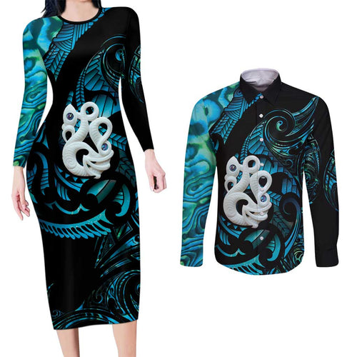 Manaia New Zealand Matariki Couples Matching Long Sleeve Bodycon Dress and Long Sleeve Button Shirt NZ Paua Shell Maori Art