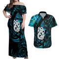 Manaia New Zealand Matariki Couples Matching Off Shoulder Maxi Dress and Hawaiian Shirt NZ Paua Shell Maori Art