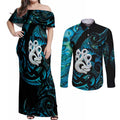 Manaia New Zealand Matariki Couples Matching Off Shoulder Maxi Dress and Long Sleeve Button Shirt NZ Paua Shell Maori Art