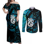Manaia New Zealand Matariki Couples Matching Off Shoulder Maxi Dress and Long Sleeve Button Shirt NZ Paua Shell Maori Art