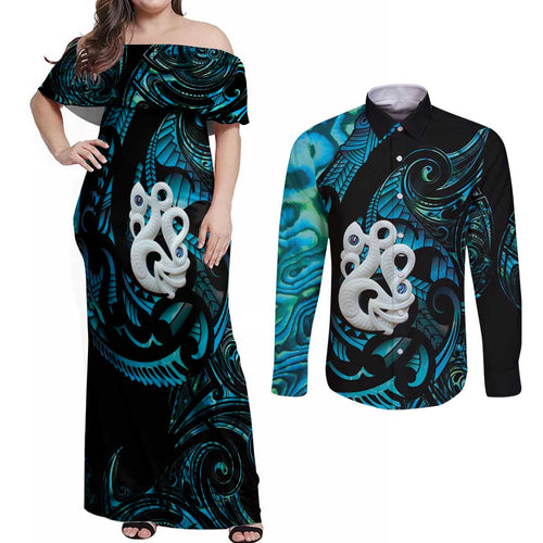 Manaia New Zealand Matariki Couples Matching Off Shoulder Maxi Dress and Long Sleeve Button Shirt NZ Paua Shell Maori Art