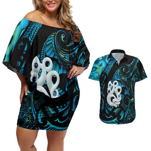 Manaia New Zealand Matariki Couples Matching Off Shoulder Short Dress and Hawaiian Shirt NZ Paua Shell Maori Art