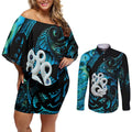 Manaia New Zealand Matariki Couples Matching Off Shoulder Short Dress and Long Sleeve Button Shirt NZ Paua Shell Maori Art