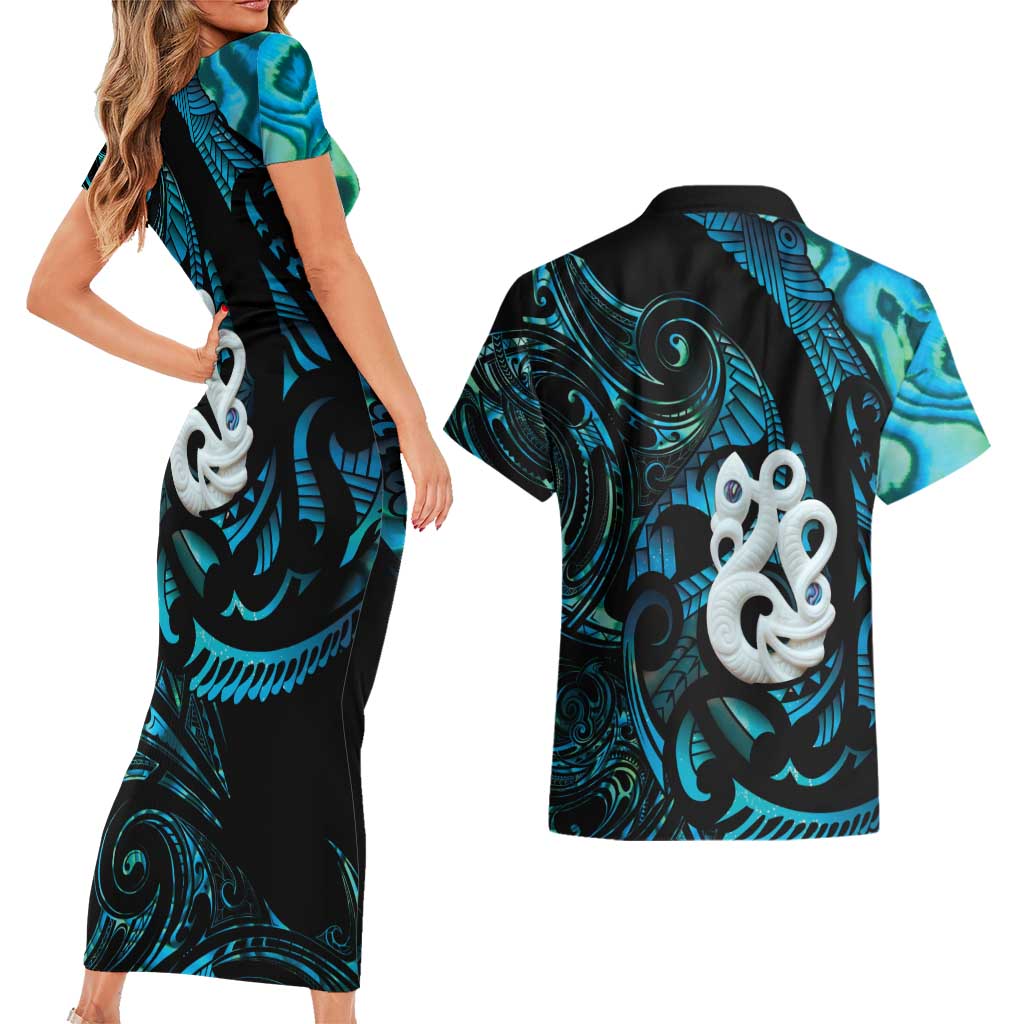Manaia New Zealand Matariki Couples Matching Short Sleeve Bodycon Dress and Hawaiian Shirt NZ Paua Shell Maori Art