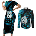 Manaia New Zealand Matariki Couples Matching Short Sleeve Bodycon Dress and Long Sleeve Button Shirt NZ Paua Shell Maori Art