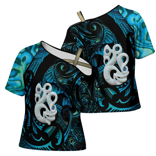Manaia New Zealand Matariki Cross Shoulder Shirt NZ Paua Shell Maori Art