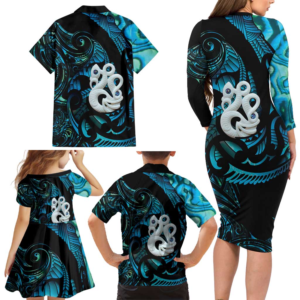 Manaia New Zealand Matariki Family Matching Long Sleeve Bodycon Dress and Hawaiian Shirt NZ Paua Shell Maori Art
