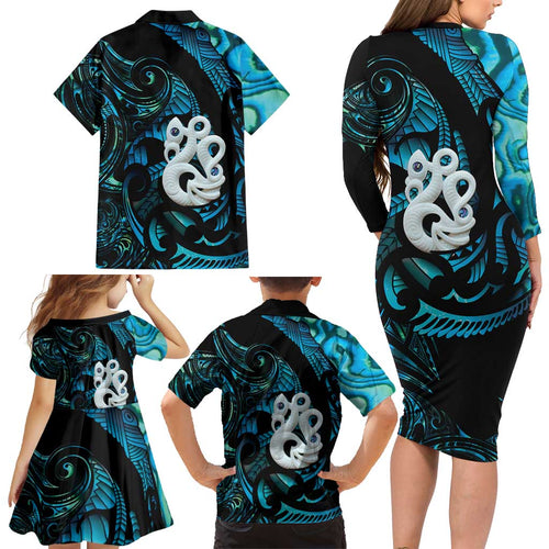 Manaia New Zealand Matariki Family Matching Long Sleeve Bodycon Dress and Hawaiian Shirt NZ Paua Shell Maori Art